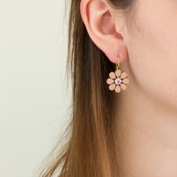 PINK & GOLD FLOWER EARRINGS W/ STONES - Picture 2 of 4
